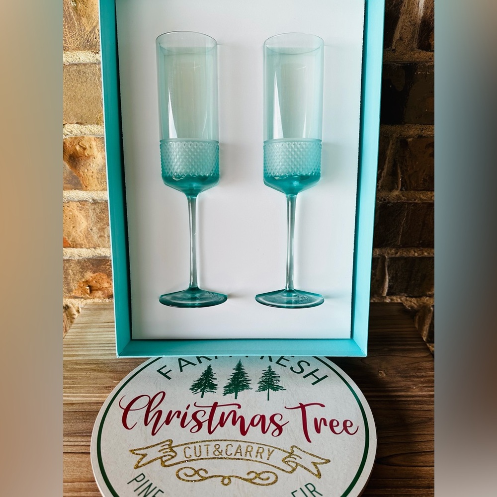 RARE New Tiffany & Co. BLUE Diamond Point Glass Flutes Set RETIRED